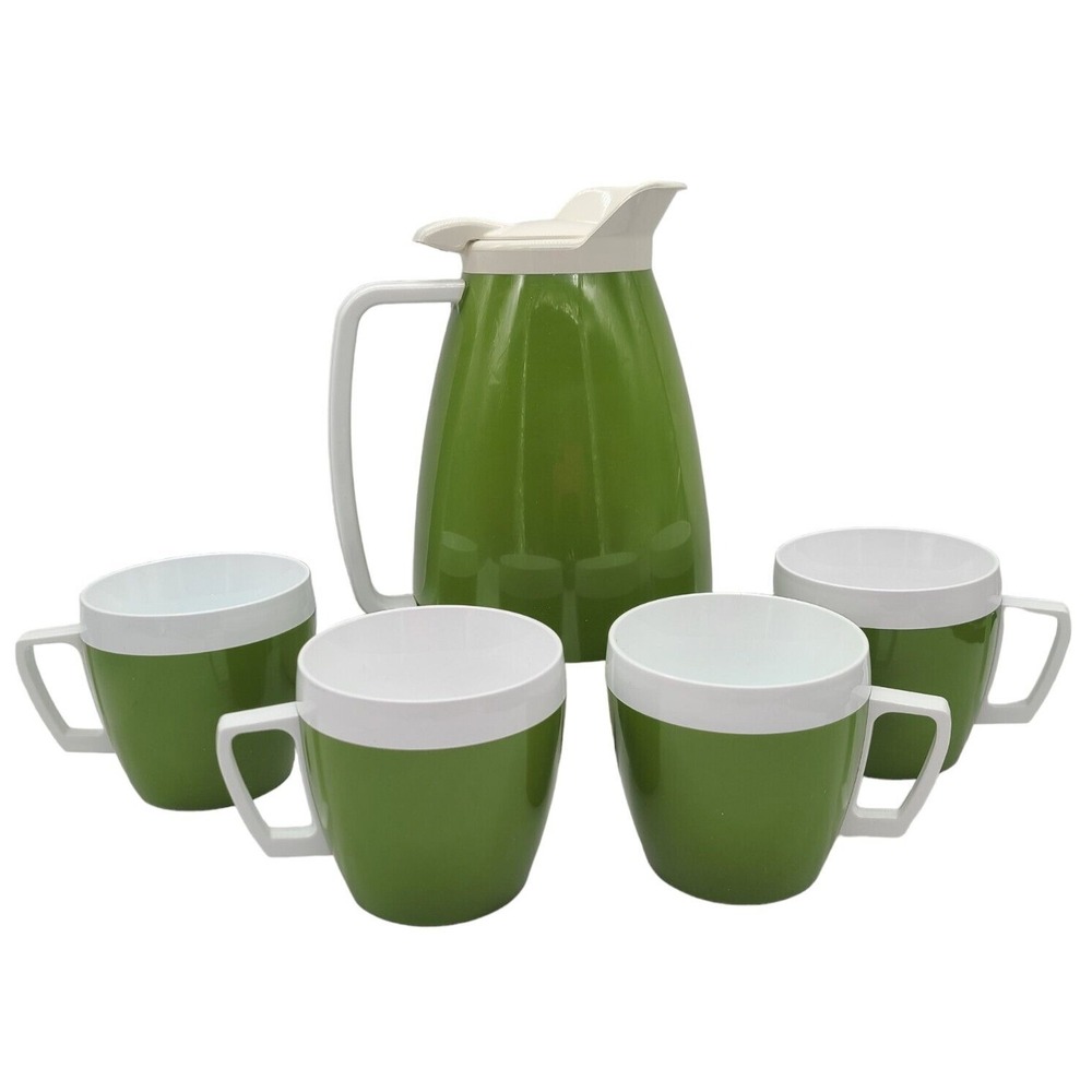 Vintage West Bend Themo-serv Hot And Cold Beverage Server 5 Piece Set Green